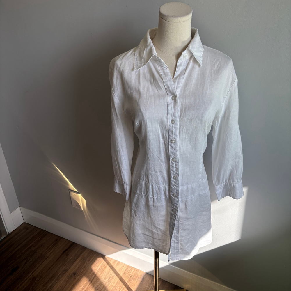 Lilibleu Women's White Button Down 3/4 sleeve Linen Shirt, SZ L